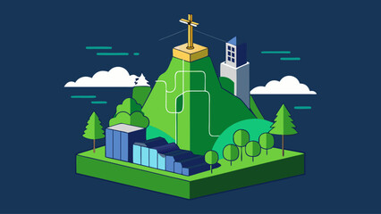A mountain with a cross on top and a city in the background. The mountain is green and the city is blue