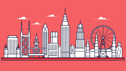 A city skyline with a large Ferris wheel in the background. The city is red and white