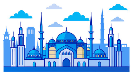 A blue city skyline with a large blue dome on top of a building. The buildings are tall and the sky is cloudy