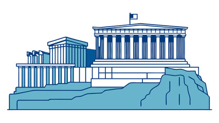 A blue and white drawing of a government building with columns and a flag on top