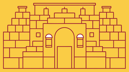 A yellow and red drawing of a building with a red door. The building is made of bricks and has arched windows