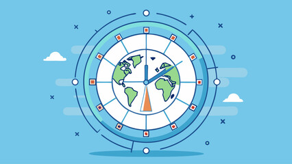 A clock with the hands on the number 12 and 3. The clock is surrounded by a blue background with clouds and stars