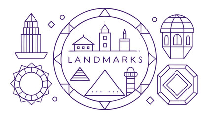 A logo for landmarks that features a circle with a pyramid, a lighthouse, and a building. The logo is purple and features a variety of shapes and lines