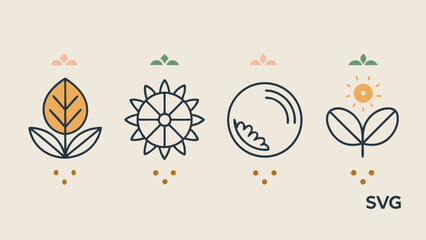 The image is a series of four different plant icons, each with a different color and design. The icons are arranged in a row, with the first one on the left and the last one on the right