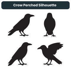 Crow Perched Silhouette Vector Bird Design Set