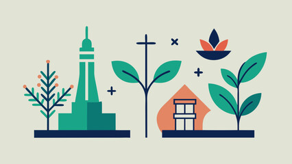 A cityscape with a church, a house, and a tree. The image is a representation of a city with a church, a house, and a tree