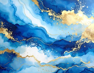 Abstract, fluid swirls of deep blue, light blue, white, and gold