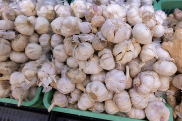 fresh summer fruits and vegetables in the supermarket on the shelf.