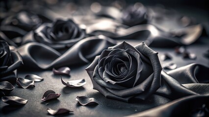 Photo of a single, dramatic black rose with dew drops, nestled amongst black satin ribbons and scattered petals on a dark, moody background.