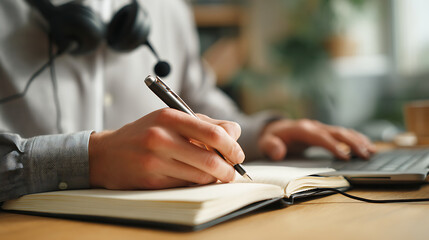 Personal assistant taking notes during a conference call