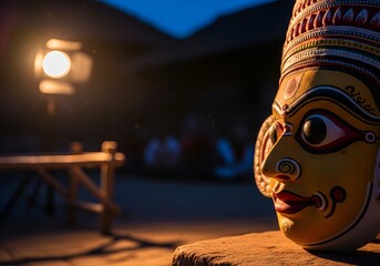 Vibrant, Intricately Hand-Painted Chhau/Yakshagana Dance Mask in Macro Close-up, Illuminated by Dramatic Stage Lighting, Capturing Ancient Cultural Performance and Artistry at Twilight.