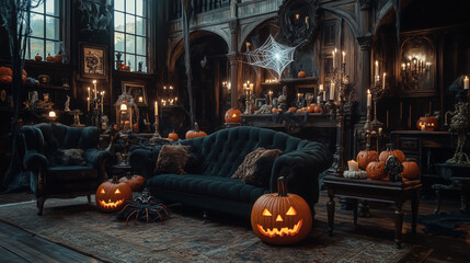 Naklejka premium a gothic style living room decorated for Halloween, candelabras, spider webs, antique furniture, glowing pumpkins