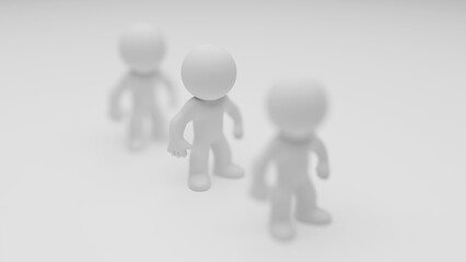 3D illustration of three humanoid figures walking in minimal white space