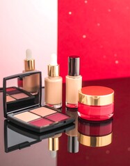 Makeup products, various shades of red and beige, on a black mirrored surface, against a pink and red background