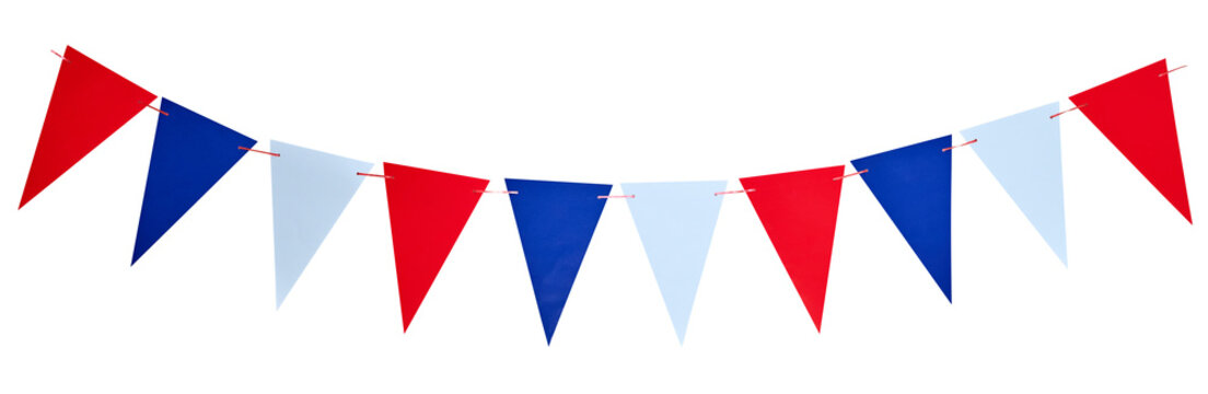 Colorful triangle flags hanging on a string, creating a festive atmosphere, chilean flag colors