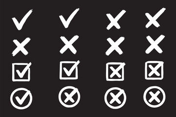 Check tick mark icon set. Cross box x check mark checkbox v list vector draw hand drawn sketch doodle brush marker checklist symbol wrong right circle. Hand drawn check tick mark icon set. x marks eps