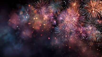 Fototapeta premium Radiant fireworks with colorful explosions on a dark backdrop, Celebration, dazzling night festivity
