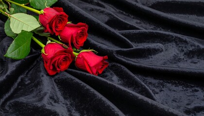 Red roses on black velvet.