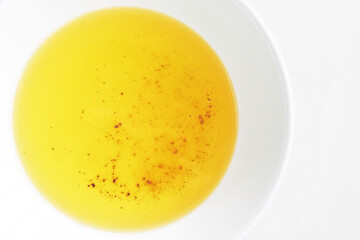 Old cooking oil white bowl. Photo can be used for the concept of how to reuse and store the cooking oil.