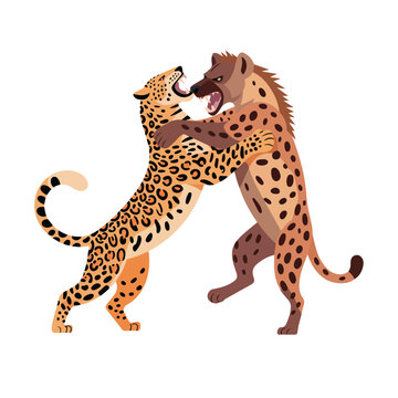 Leopard and hyena fighting in cartoon style