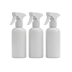 Photo of three white plastic spray bottles with trigger sprayers, isolated on transparent background