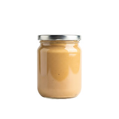 Photo of a glass jar filled with creamy peanut butter or a similar spread, sealed with a silver lid, isolated on a transparent background