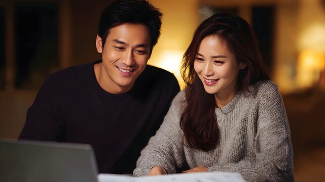 A happy couple smiles as they review financial plans and investment options on a laptop together in the warm comfort of their home - Powered by Adobe