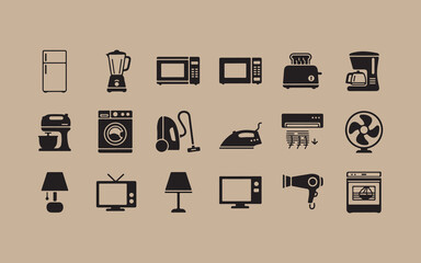 Collection of household appliance icons on a neutral background