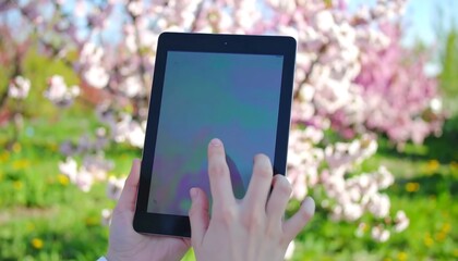 Tablet in a spring garden