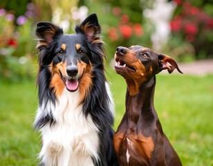 Fototapeta premium Two dogs sitting in a garden
