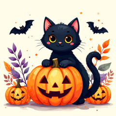 Adorable black kitten sitting on a Halloween pumpkin.