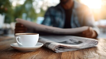 A warm cup of coffee and a newspaper on a wooden table at an outdoor cafe with a person reading in the softly lit background