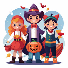 Children in halloween costumes enjoying trick or treating