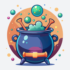 Colorful cauldron with bones and bubbles illustration