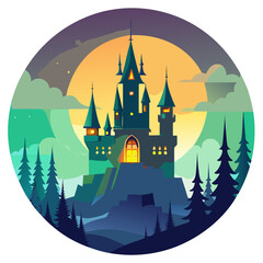 Spooky haunted castle silhouette with mysterious glowing lights