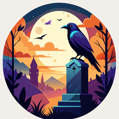 Fototapeta premium Colorful spooky raven perched on a gravestone