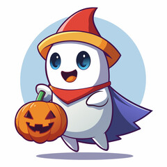 Cute cartoon ghost holding a colorful pumpkin bucket