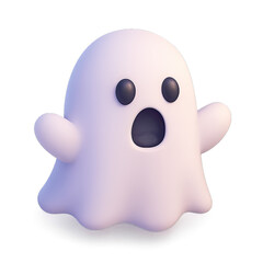Fototapeta premium Adorable 3D Cartoon Ghost Emoji with Surprised Expression, Floating and Waving Arms on a Deep Black Background, Cute Halloween Spooky Character Rendered with Glossy Texture and Slight Glitch Effect fo
