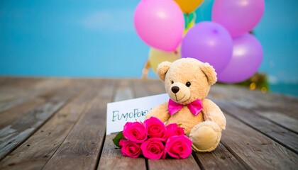 Teddy bear, roses, and balloons on a wooden dock