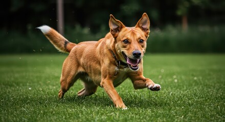 Joyful Dog Running in the Green: A happy dog frolics exuberantly on a vibrant green lawn, radiating energy and pure canine joy, enjoying the simple pleasure of an outdoor run.