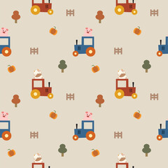 Cow pig on tractor cartoon so cute. On tree pumpkin fence background. Pattern seamless vector illustration. 