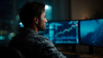 Focused man analyzing digital financial charts on multiple computer screens in a dark tech oriented environment at night