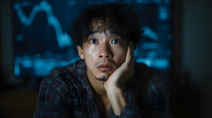 A visibly stressed man with a concerned expression intently watches glowing financial data on a screen in a dimly lit room reflecting his deep worry