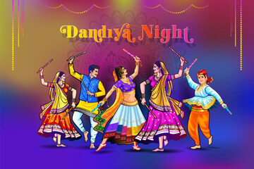 Vector illustration for Navratri, dussehra, diwali poster. Dandiya Night, dance, festive celebration and lights decoration background.