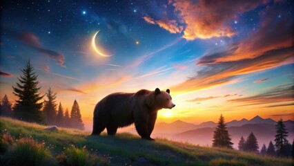 Photo of a majestic brown bear on a grassy hill under a breathtaking night sky filled with stars and colorful clouds.