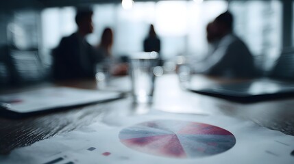 Professional business meeting with blurred colleagues collaborating on financial planning documents featuring pie charts and graphs on a conference