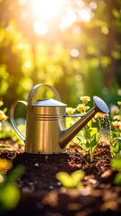 Watering can pouring water on young plants in a garden bed, bathed in sunlight
