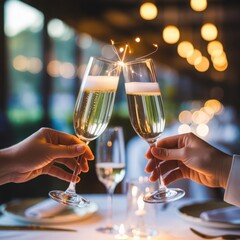 Hands holding glasses of champagne at fine dining restaurant for a celebration. Generative AI
