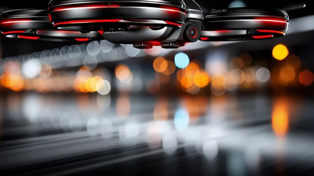 Passenger drone lighting up crimson, ascending from platform against blurred urban night skyline glimmering behind