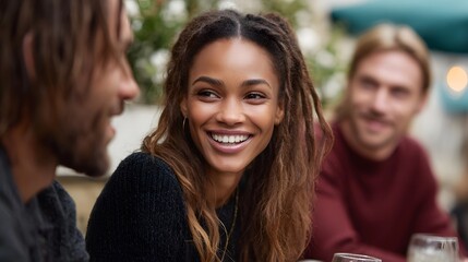 Happy friends sharing a joyful conversation and laughter at an inviting outdoor cafe setting enjoying a pleasant social gathering together